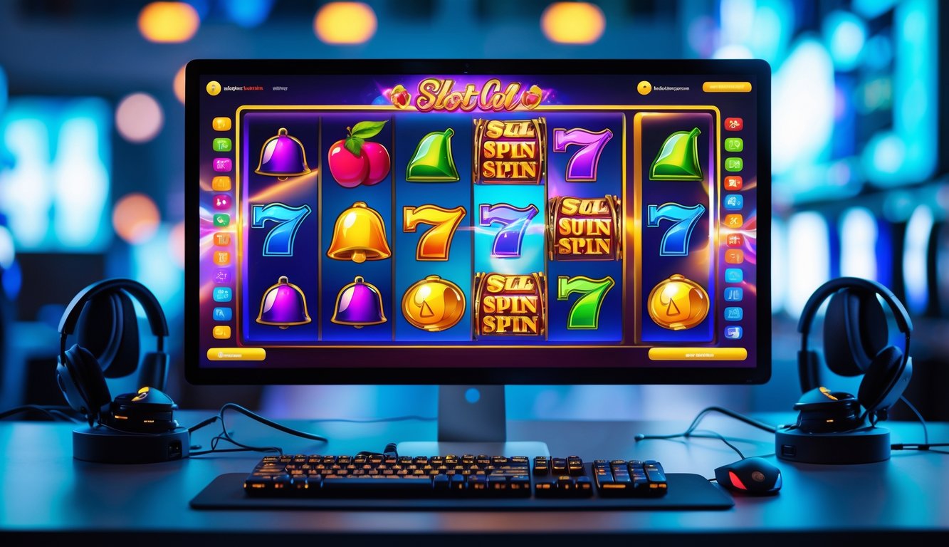 Suasana ruang kerja modern dengan komputer menampilkan permainan slot online berwarna-warni dan berbagai simbol permainan.