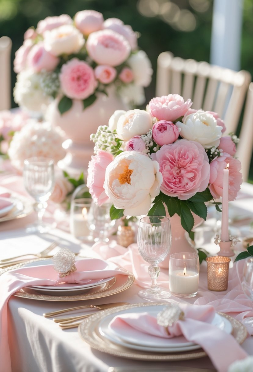 A bridal shower table decorated with soft pastel pink linens, pink and white flowers, candles, and glassware.