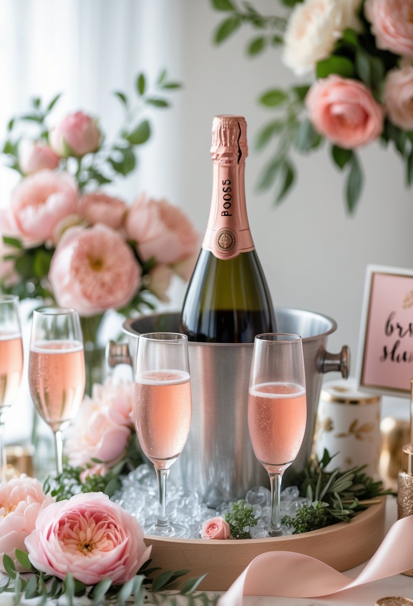 A rosé prosecco station with chilled bottles, filled glasses, pink flowers, and bridal shower decorations.