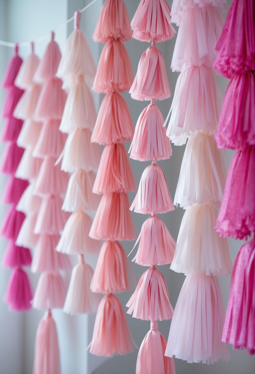 A pink tassel garland backdrop with multiple shades of pink tassels hanging vertically for a bridal shower celebration.
