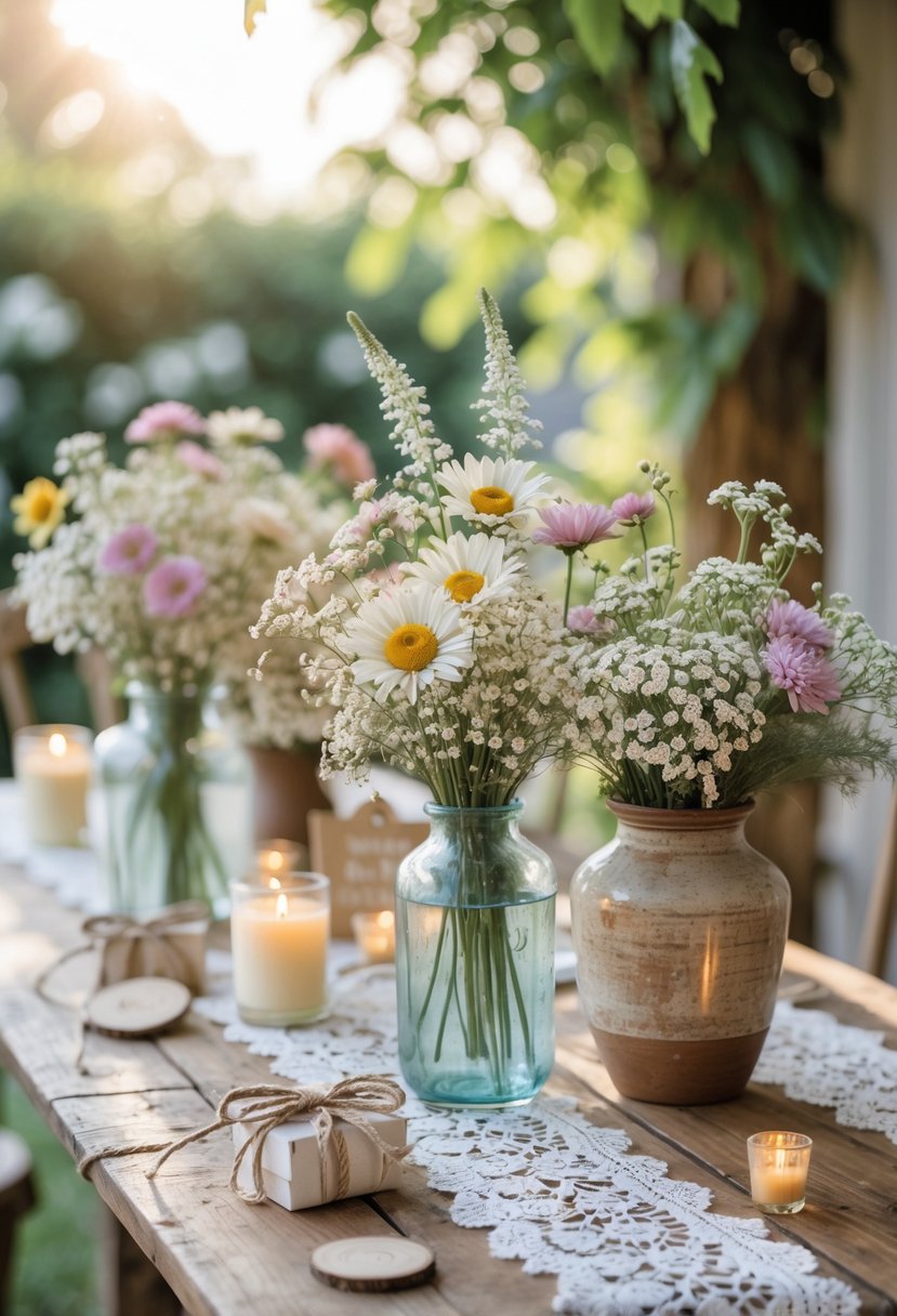 A wooden table decorated with pastel wildflowers in glass vases, lace runners, and candles set outdoors with greenery in the background.