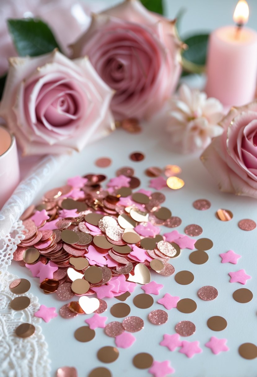 Rose gold and pink foil confetti scattered on a white surface surrounded by pink roses, lace ribbons, and candles.