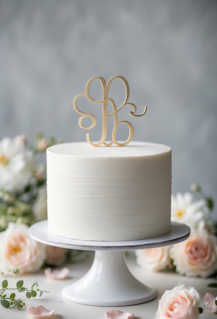 A white minimalist cake with a gold monogram topper on a cake stand, surrounded by soft pastel flowers and greenery.