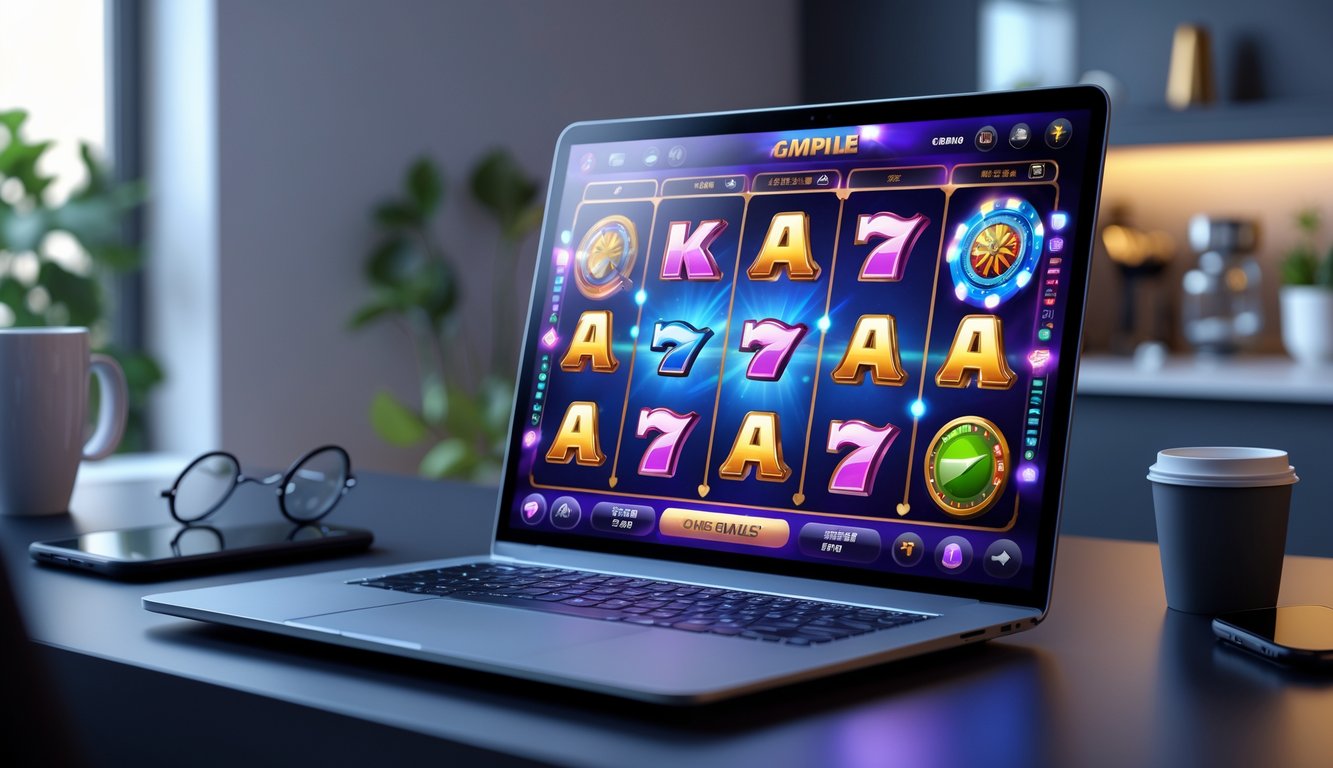 Seorang pengguna bermain permainan slot online di komputer dengan tampilan grafis yang cerah dan realistis di lingkungan rumah yang nyaman.