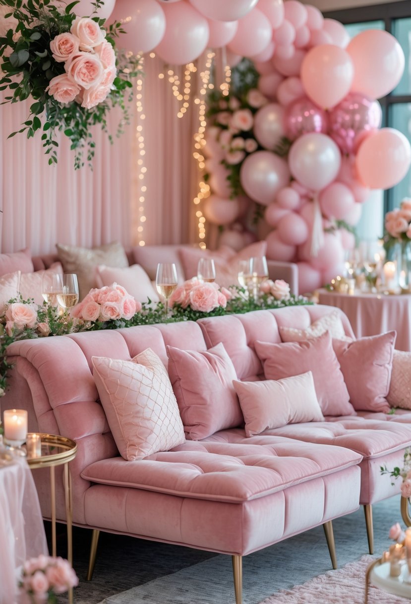 A pink velvet lounge seating area decorated for a bridal shower with flowers, fairy lights, and elegant table settings.