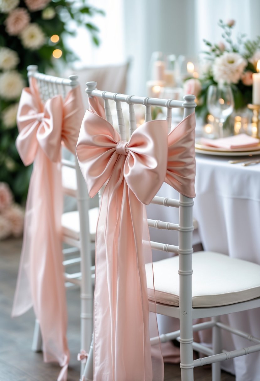 Chairs decorated with large hand-tied bows in soft colors at a bridal shower celebration.