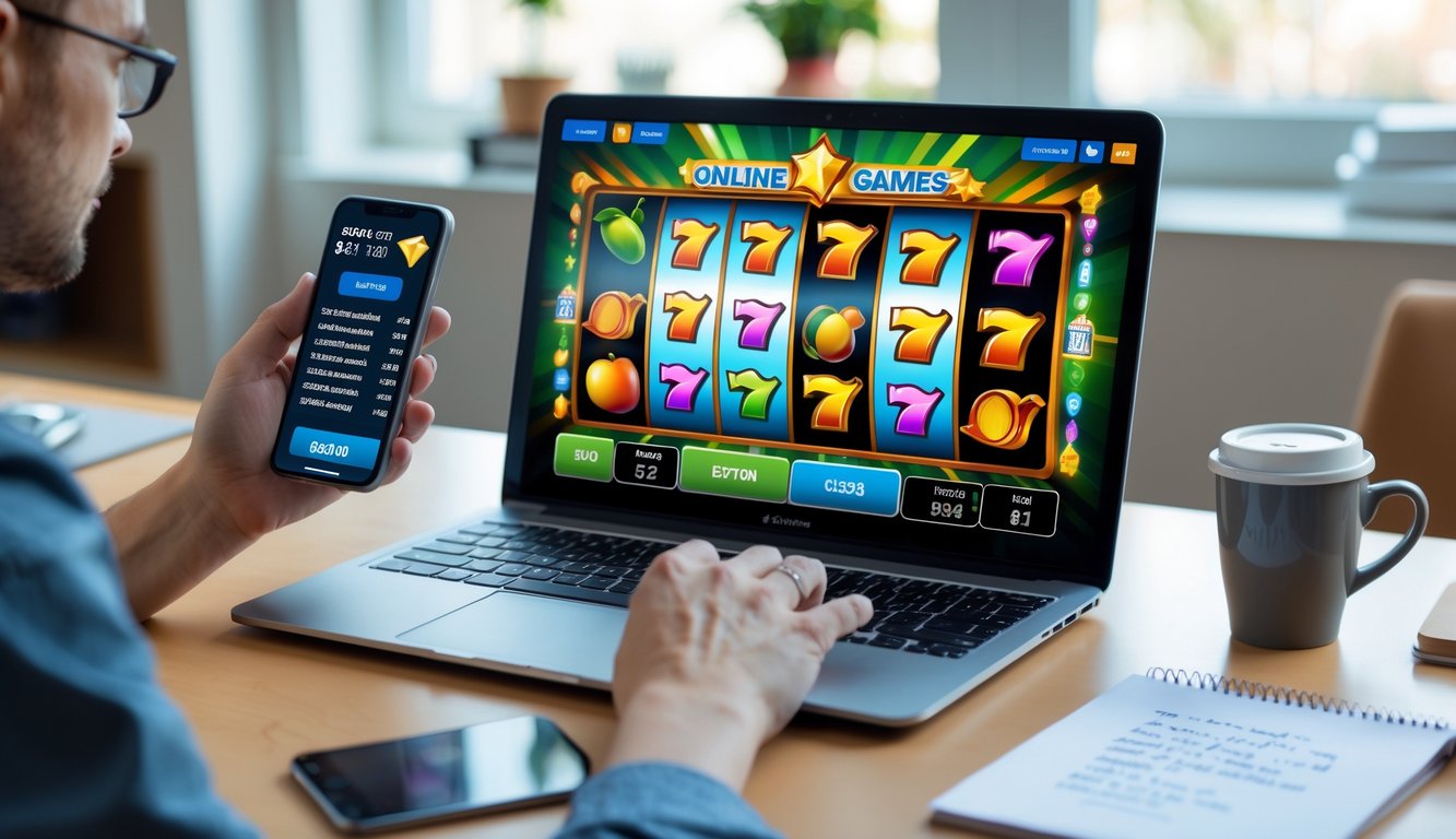 Seorang pria duduk di depan komputer dengan layar menampilkan permainan slot online, di meja terdapat catatan dan ponsel yang menunjukkan tips bermain.