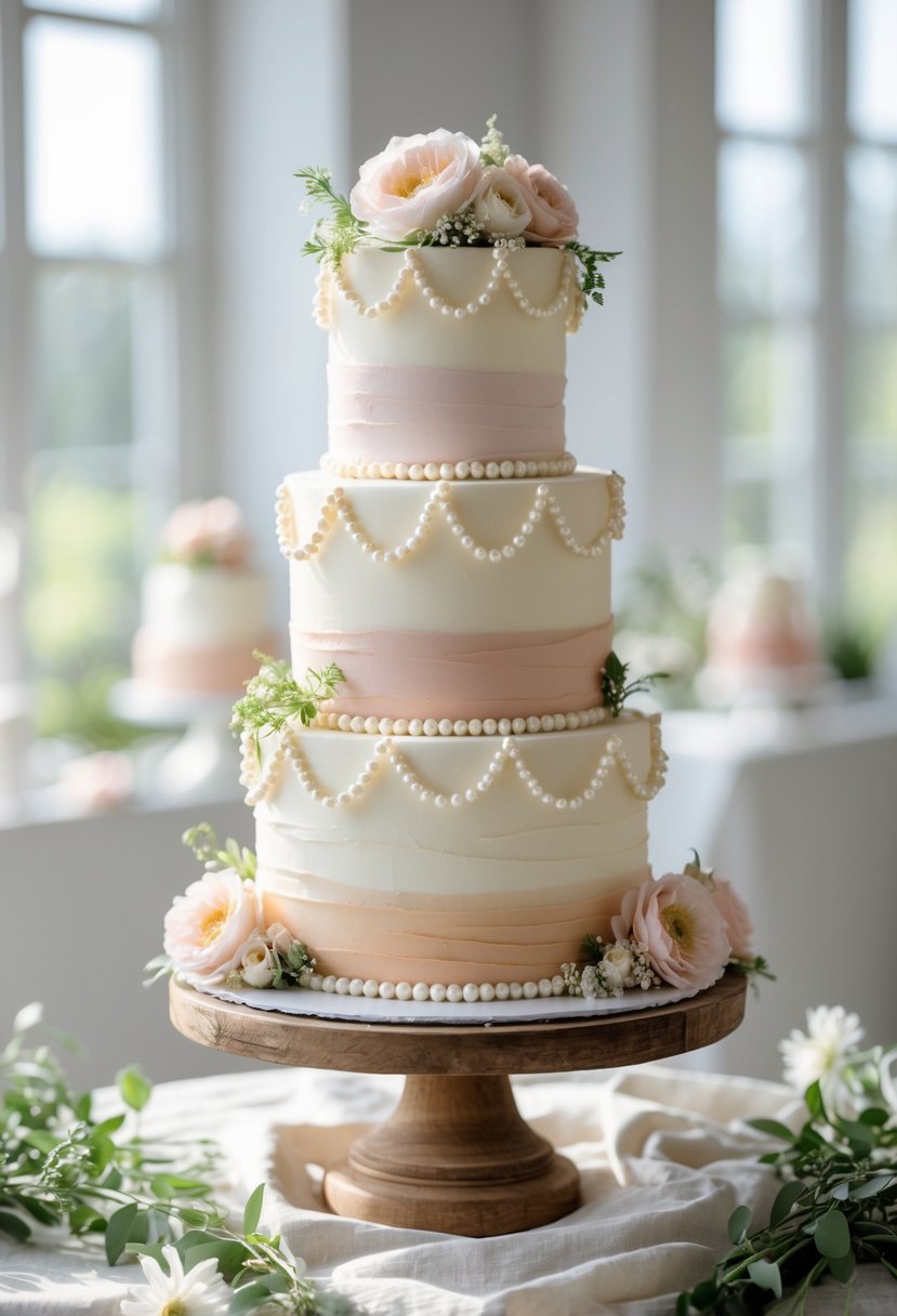 A tiered bridal shower cake decorated with pearl-like beads on a wooden stand surrounded by flowers and greenery.