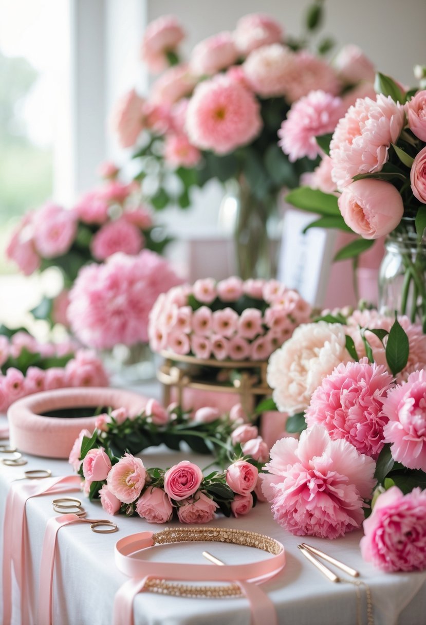 A floral crown station with pink flowers and supplies arranged on a table for making floral crowns.