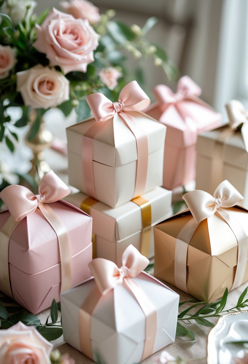A table with pastel-colored bridal shower favor boxes tied with satin bows and decorated with flowers.