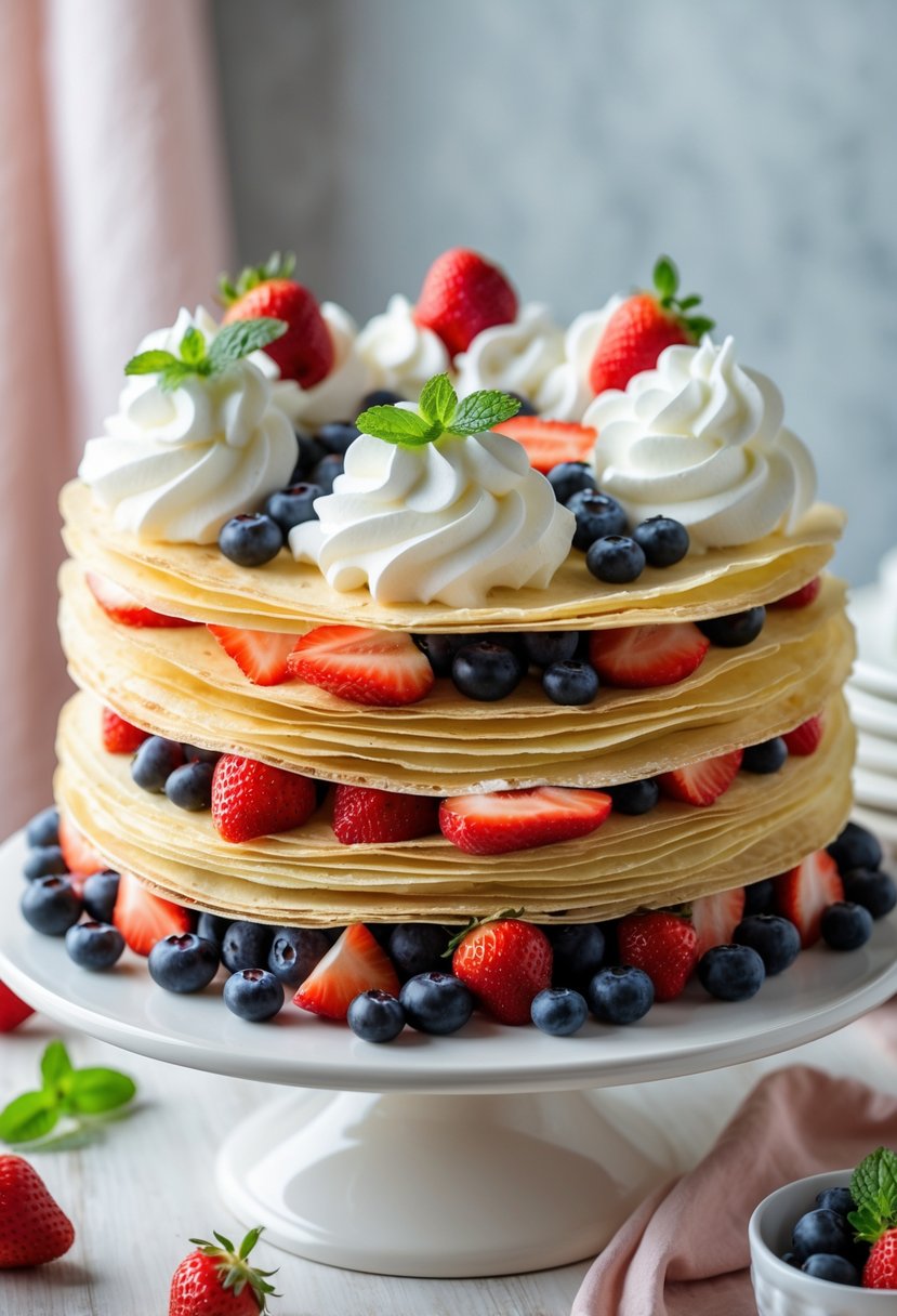 A layered crepe cake filled with fresh berries and topped with whipped cream on a white cake stand.