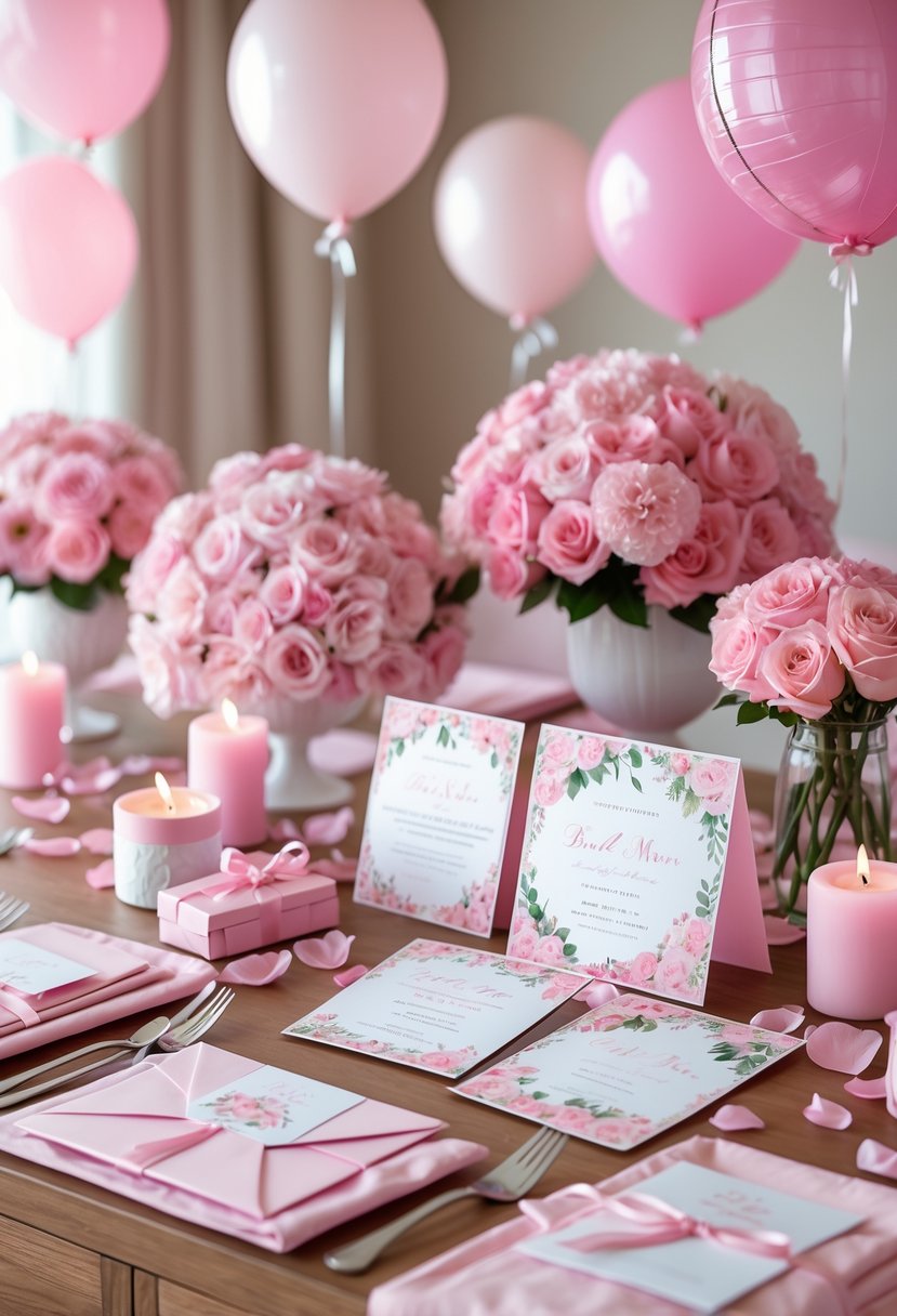 A table decorated with pink floral centerpieces, pink balloons, and pink bridal shower invitations arranged with candles and gift boxes.