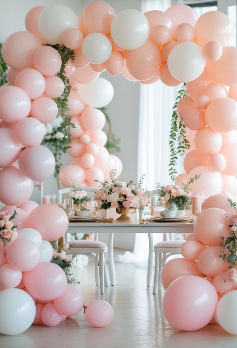 A bridal shower setup with pink and white balloon garlands decorating a table with flowers and elegant tableware in a bright room.