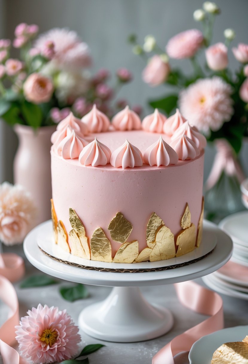 A pink cake decorated with edible gold leaf on a white cake stand surrounded by bridal shower decorations.