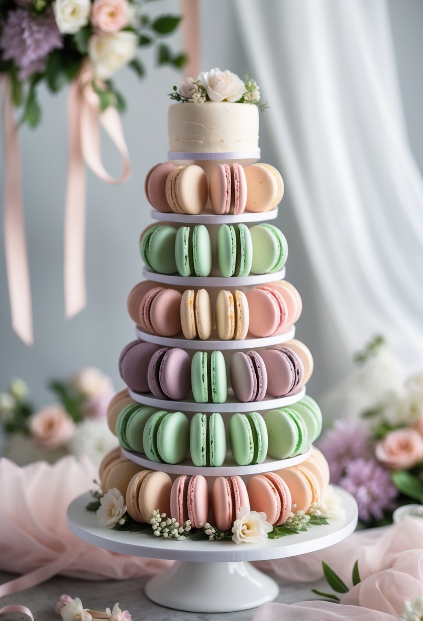 A tiered tower of pastel-colored macarons arranged on a white stand with floral decorations, set in a softly lit bridal shower scene.