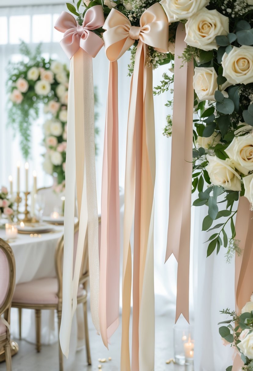 A decorated bridal shower scene with pastel ribbon garlands, floral arrangements, and a table set with candles and glassware.