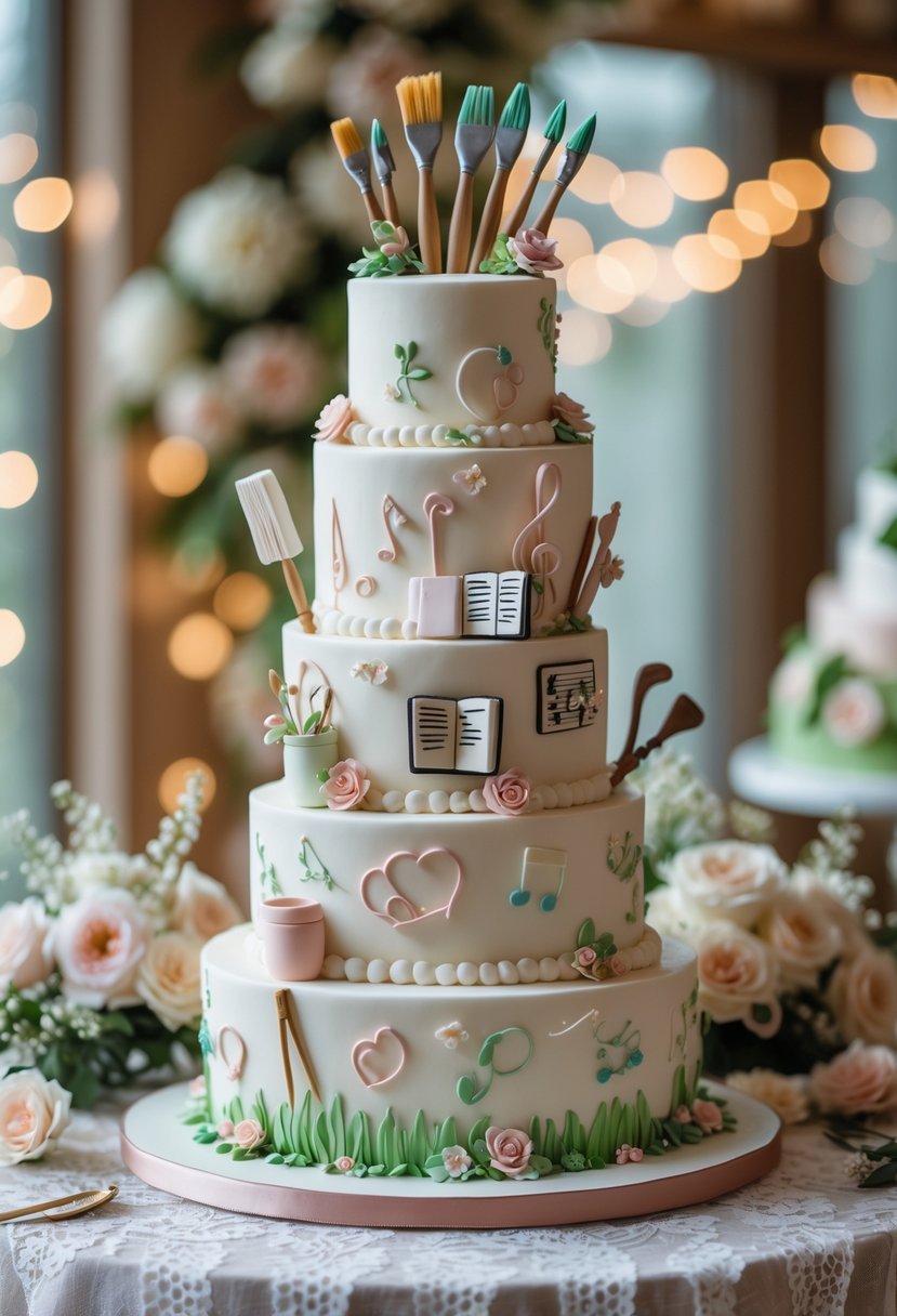 A multi-tiered wedding cake decorated with fondant items representing the bride's hobbies, displayed on a table with flowers at a bridal shower.