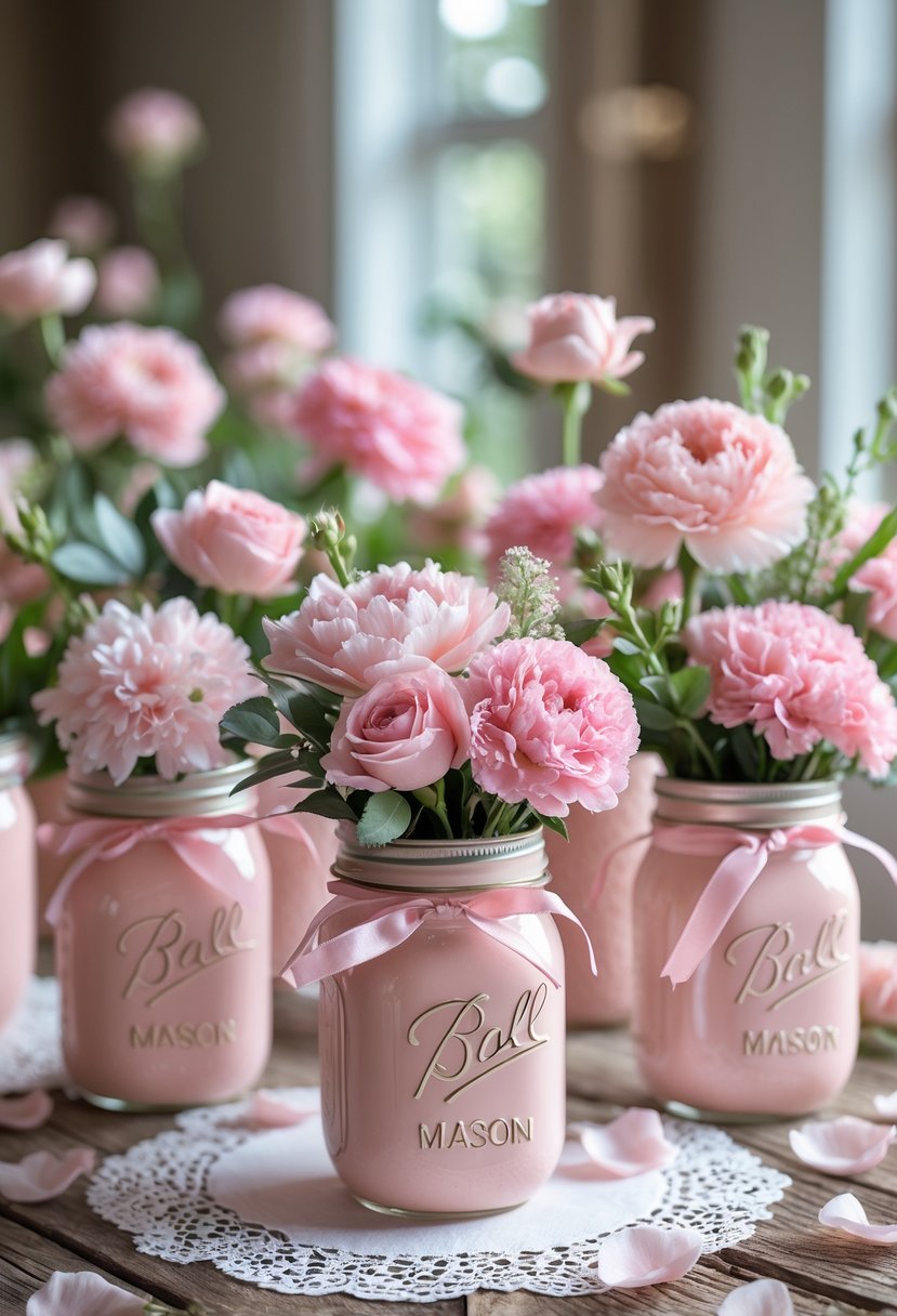 Pink mason jars filled with pink flowers arranged on a wooden table for a bridal shower.