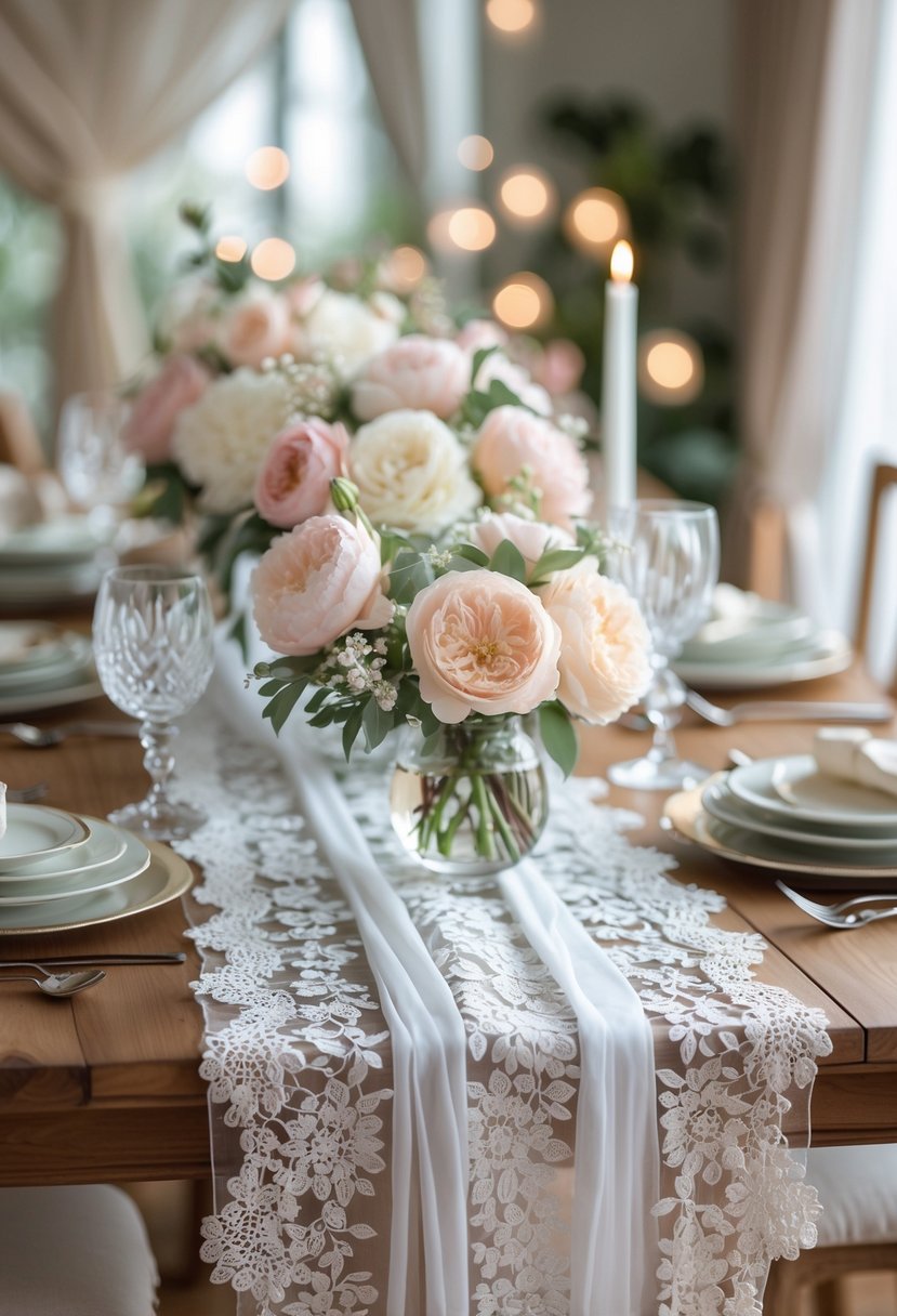 A wooden table decorated with white lace runners, pastel flowers in vases, and elegant table settings for a bridal shower.