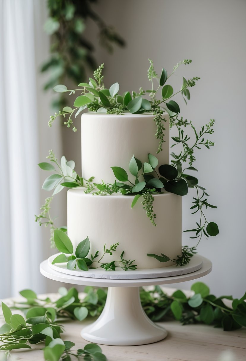 A two-tier white cake decorated with fresh green leaves on a white cake stand on a wooden table.