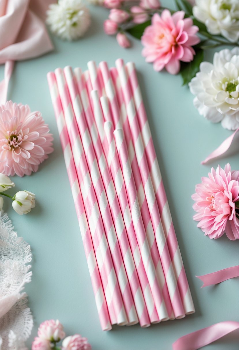 Pink and white striped paper straws arranged with pink flowers and ribbons on a pastel background.