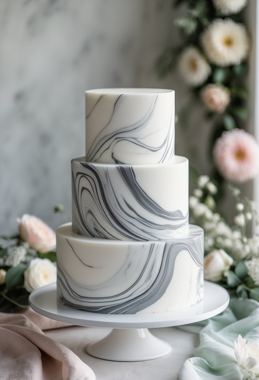 A multi-tiered white and gray marble effect cake on a white stand with bridal shower decorations in the background.
