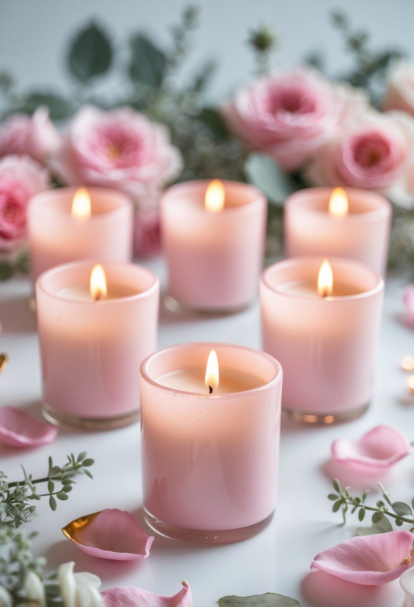 A group of pink candle votives glowing softly on a table surrounded by rose petals and greenery.
