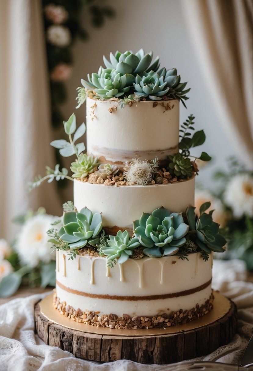 A multi-tiered cake decorated with fresh succulent plants on a wooden table, set in a softly lit bridal shower environment.