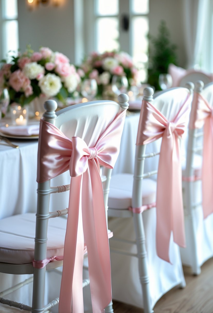 Chairs decorated with pink satin ribbon bows at a bridal shower with floral centerpieces on tables.