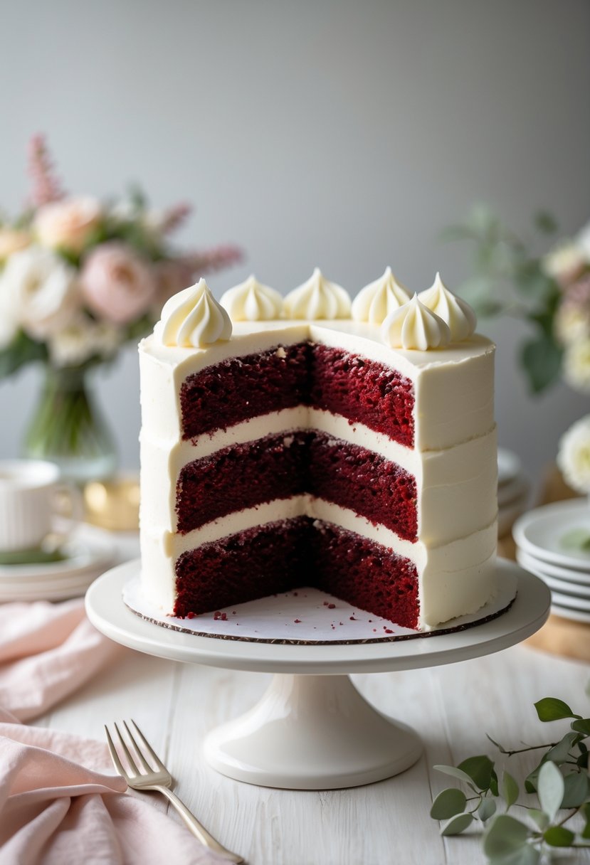 A sliced red velvet layer cake with white cream cheese frosting on a white cake stand, surrounded by soft floral decorations on a wooden table.