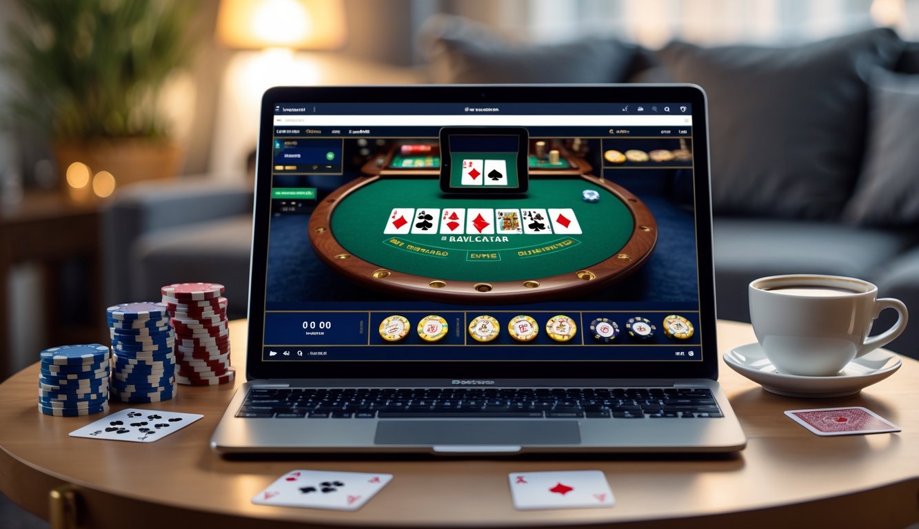 Sebuah laptop menampilkan permainan blackjack online di atas meja kayu dengan kartu dan chip poker di sekitarnya.