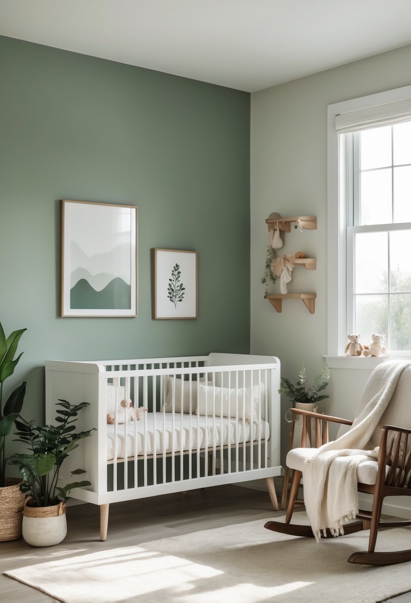 A nursery with one wall painted medium sage green, a white crib, rocking chair, plants, and soft natural light.