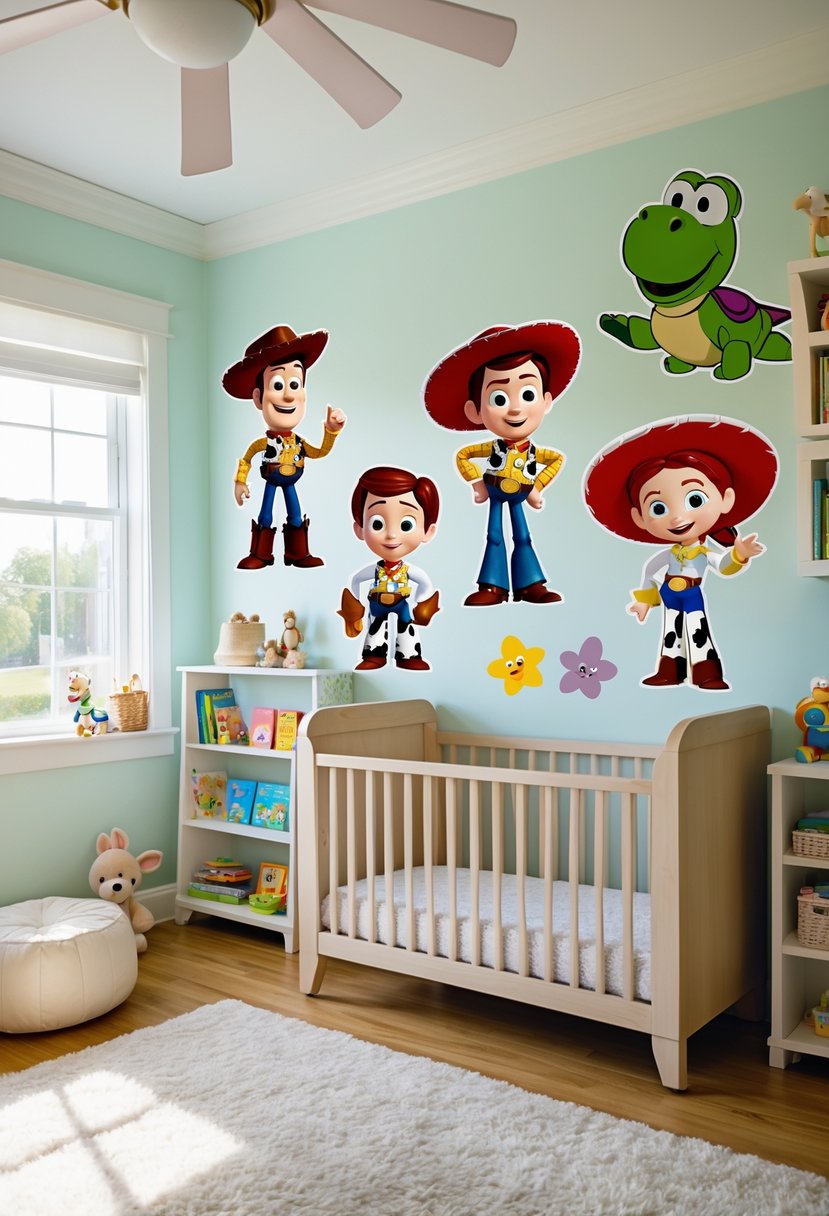 A nursery room with colorful Toy Story character wall decals of Woody, Buzz Lightyear, and Jessie on the walls, a crib, and children's toys.