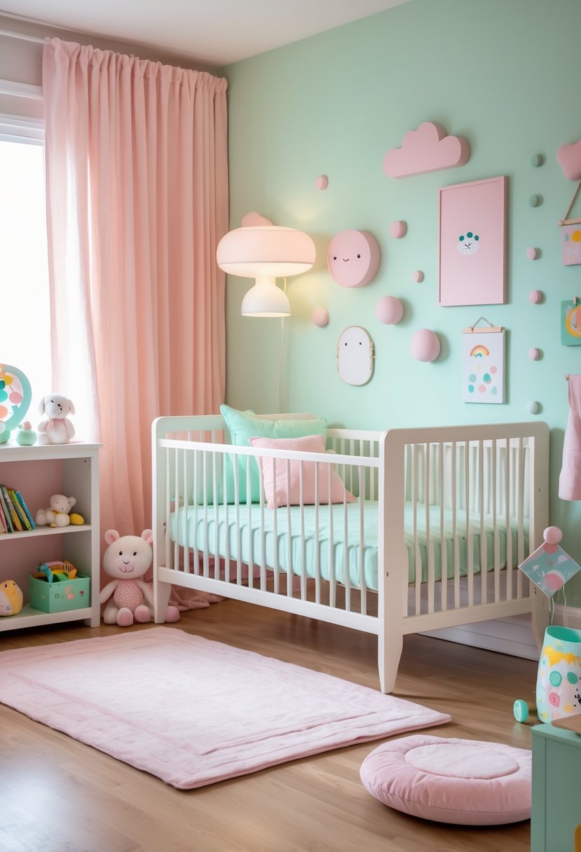 A cozy nursery decorated in soft pink and mint green with a crib, plush toys, wall art, a small lamp, and a pastel rug.