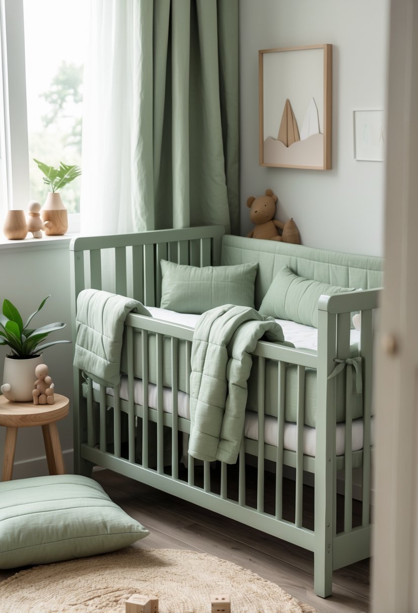 A peaceful nursery with a crib dressed in sage green bedding and soft natural light.