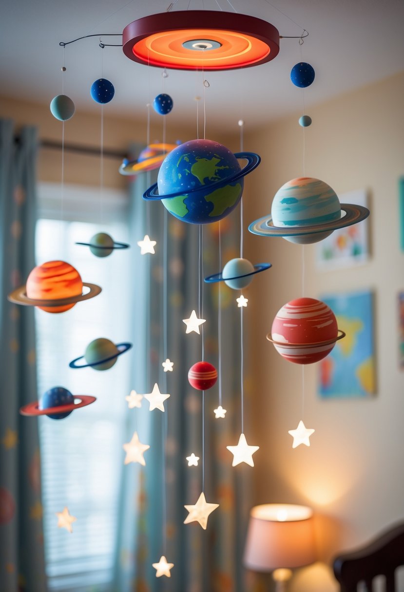A space-themed ceiling mobile with colorful planets and stars hanging in a softly lit nursery room.