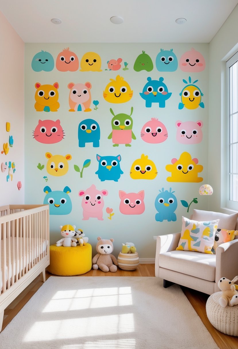 A nursery room with a pastel wall decorated with 15 colorful Toca Boca character decals and cozy children's furniture.