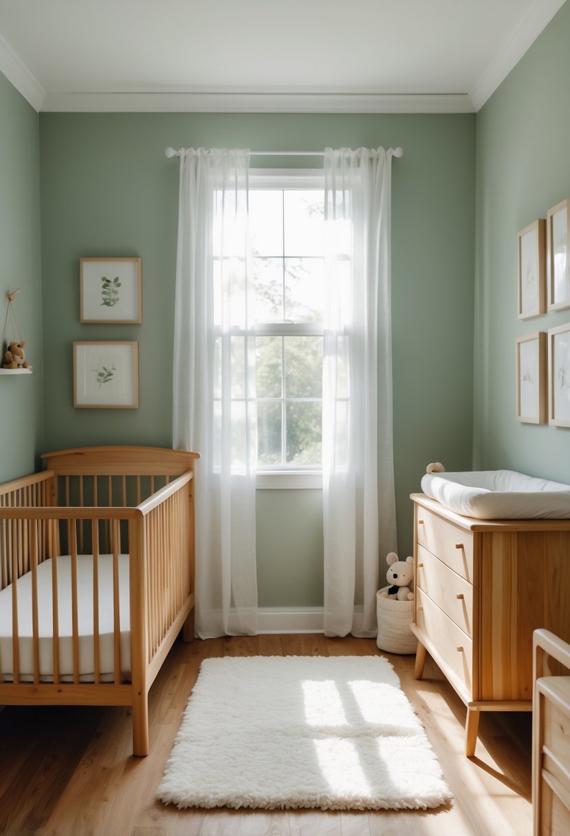 A nursery room with natural wood furniture and sage green walls, softly lit by natural light.