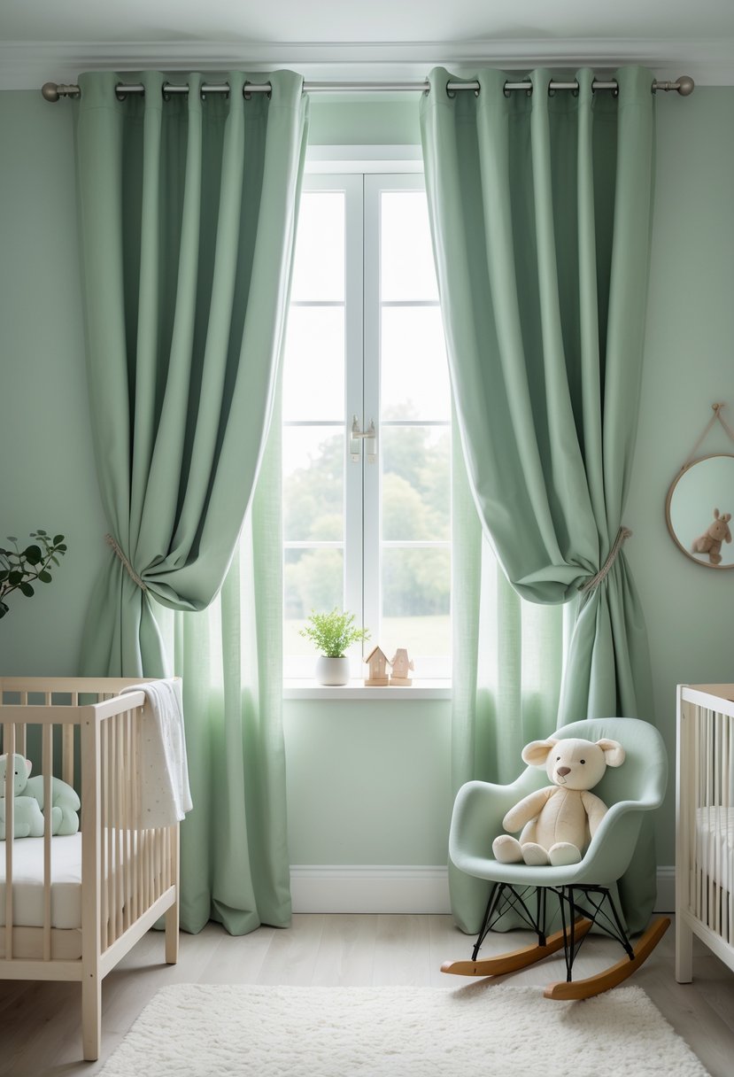 A nursery room with sage green blackout curtains on the window, a crib, rocking chair, and soft toys creating a peaceful sleep environment.