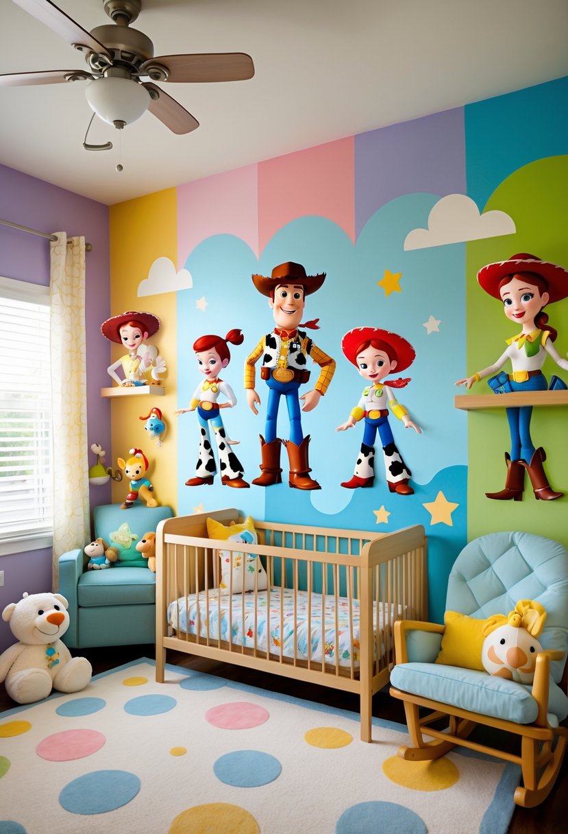 A nursery room with a colorful Toy Story mural featuring Woody, Buzz Lightyear, Jessie, and Bullseye, decorated with matching toys and bedding.