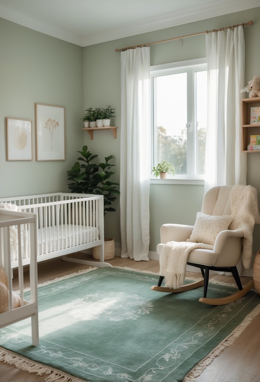 A serene nursery with a sage green patterned rug, white crib, rocking chair, bookshelf with toys, and natural light coming through a window.