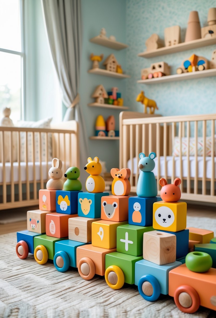 A nursery room with a display of colorful wooden toys on shelves and a cozy crib in the background.