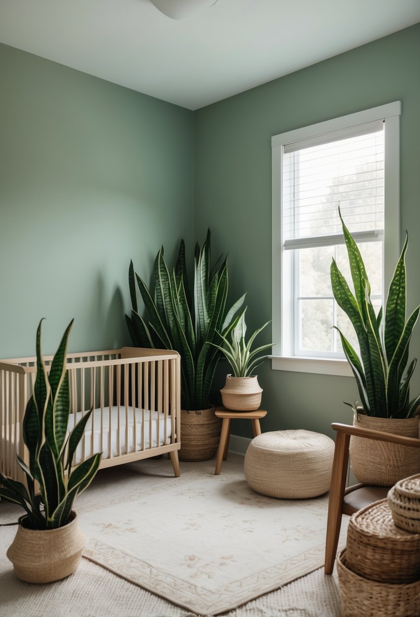 A nursery room with sage green walls, potted snake plants and ferns, a crib, and wooden furniture creating a calm and peaceful atmosphere.