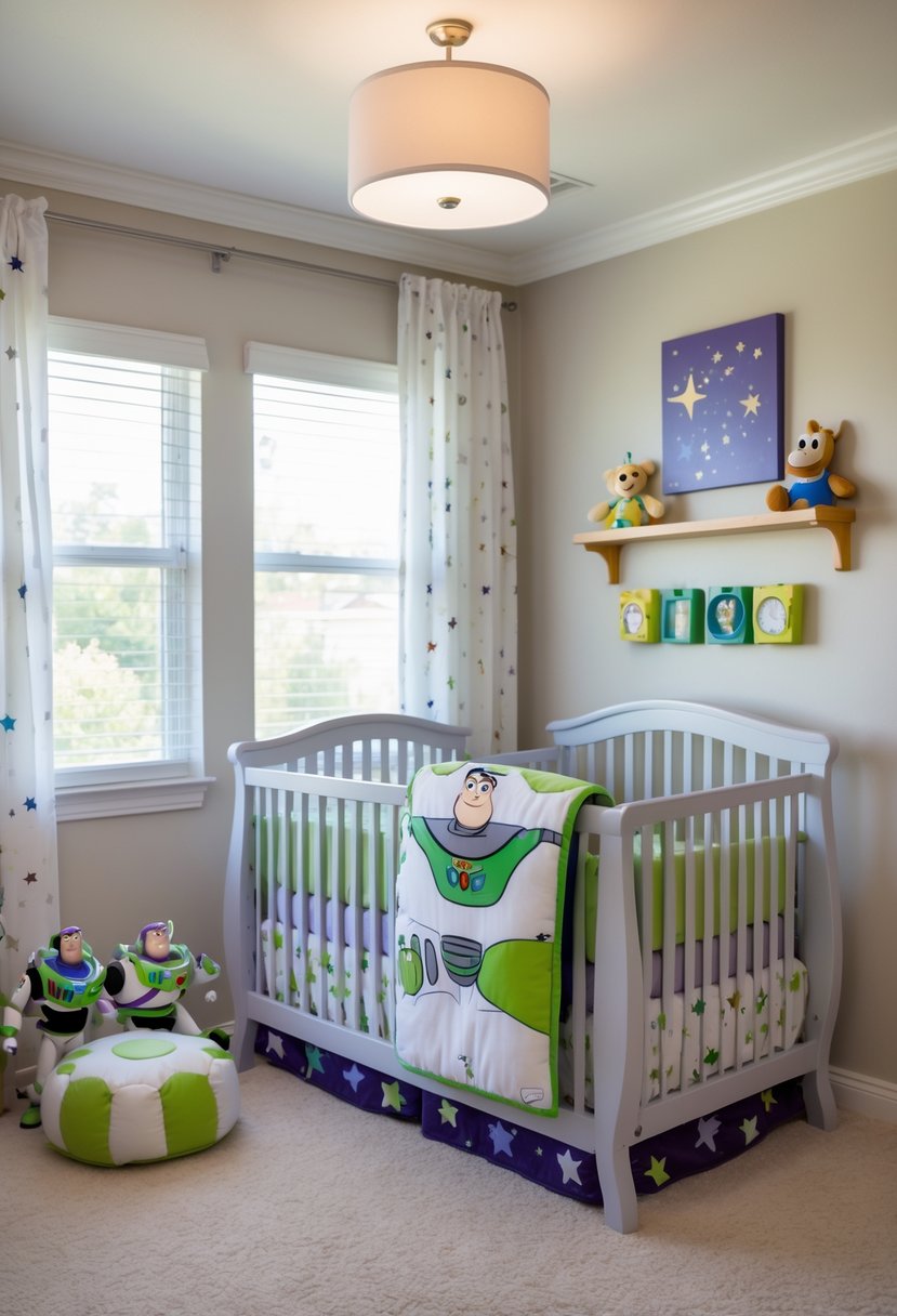 A baby nursery with a crib featuring Buzz Lightyear-themed bedding surrounded by Toy Story-inspired decor and plush toys.