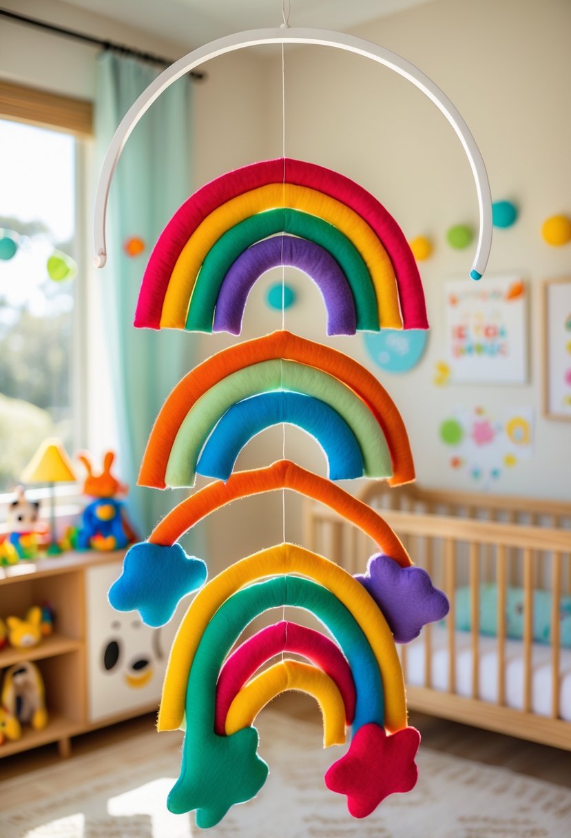 A colorful rainbow mobile hanging in a bright nursery with wooden furniture and playful decor.