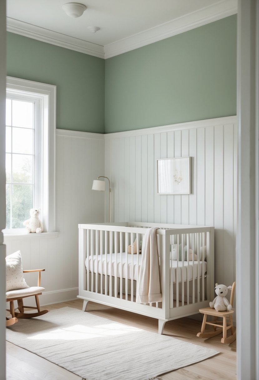 A nursery room with white wainscoting and sage green walls, furnished with a crib, rocking chair, and soft natural lighting.
