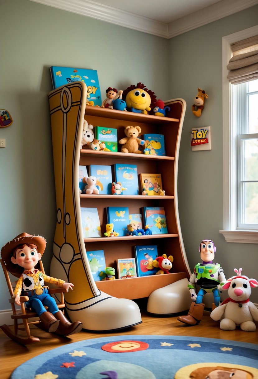 A nursery room with a boot-shaped bookshelf filled with toys and books, surrounded by Toy Story-themed decorations.