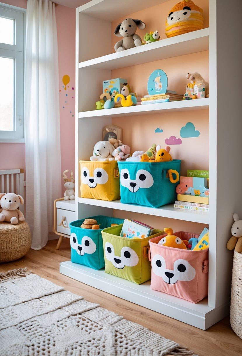 A nursery with colorful storage baskets filled with toys and books arranged on white shelves, surrounded by child-friendly decor.