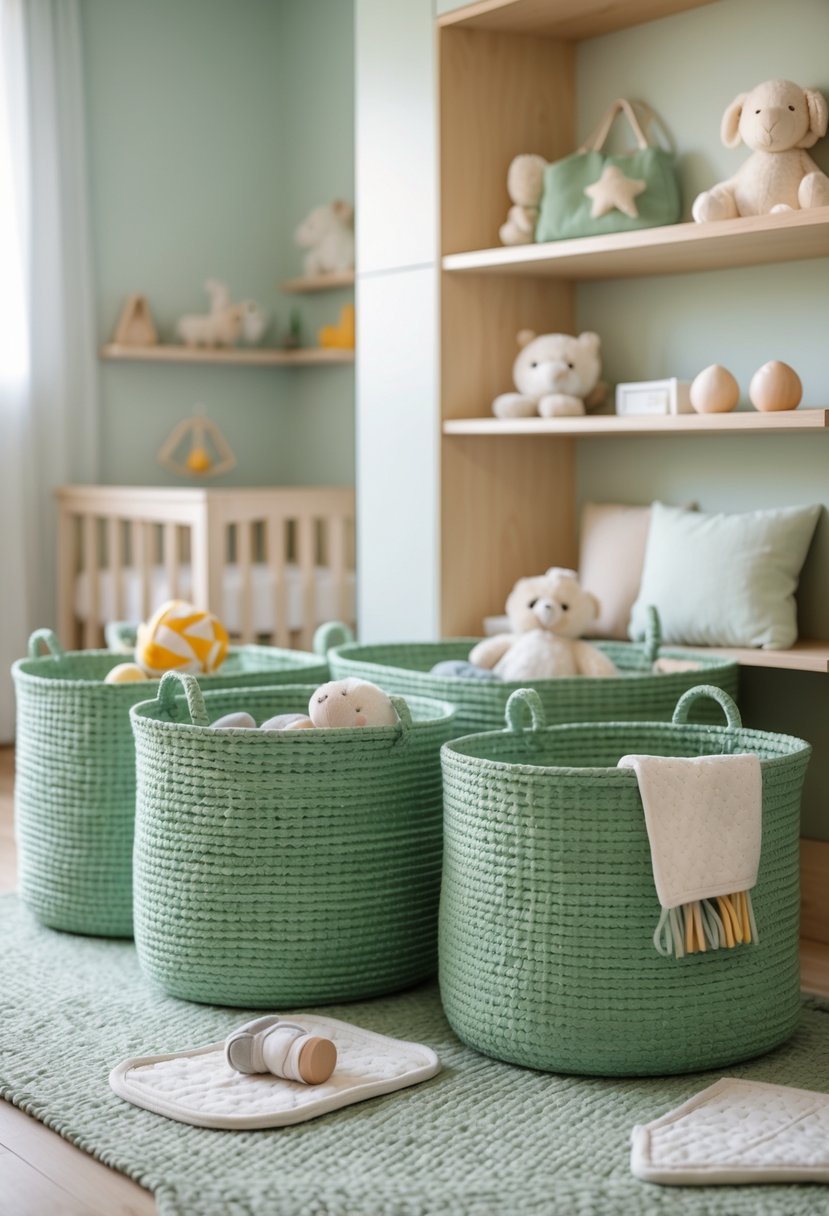 A nursery with sage green storage baskets holding toys and baby items on wooden shelves in a softly lit room.