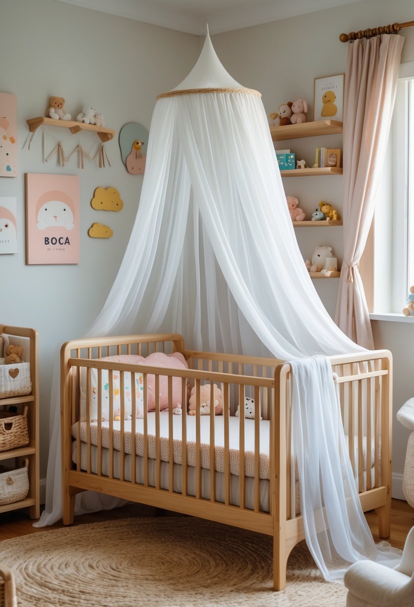 A nursery with a wooden crib covered by a soft, sheer canopy surrounded by colorful toys and child-friendly decorations.